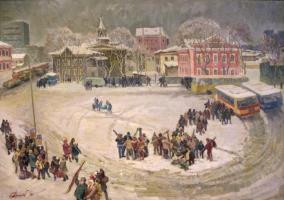 Дрилёв А.А. Площадь Спартака. Оттепель. 1990. Холст, масло. 90 х 125. Государственный художественный музей Алтайского края