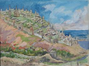 Сверчков Н.К. Чебоксарский Кремль при Иване Грозном. 1940. Бумага, акварель, гуашь. 29*39 см. Собрание ЧГХМ