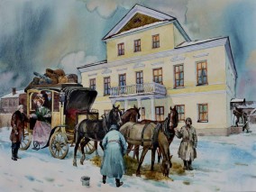 Ильдар Сафин  "Приезд в дом Горталовых". Акварель с выставки «Лев Толстой. Казанская хронология»