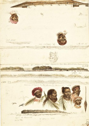 Берега кораллового острова Великого Князя Александра Николаевича. Головы туземцев. Лодка