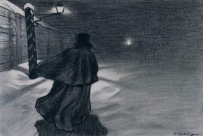 Возвращение Акакия Акакиевича из гостей. «Вдали, бог знает где, мелькал огонек в какой-то будке…»