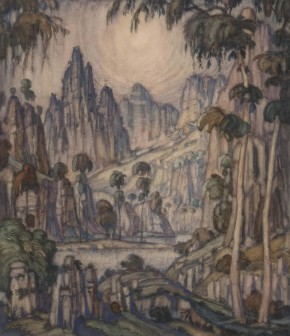 Фантастический пейзаж с солнцем