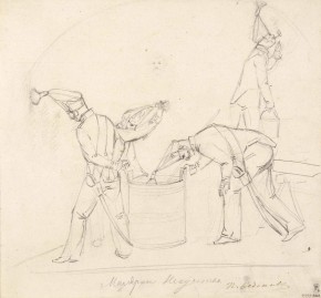 Малярное искусство (Солдаты лейб-гвардии Павловского полка помпонами киверов красят стены казармы)