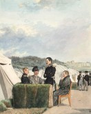 В лагере, на передней линейке. Групповой портрет офицеров лейб-гвардии Финляндского полка (Э. К. Шульц 2-й, Е. Е. Иордан, Р. И. Андронников, П. Е. Тизенгаузен; на заднем плане: И. Ф. Орбелиани и П. А. Шмидт)