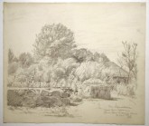 Село Михайловское. Руины дома Пушкина и дома няни со стороны спуска