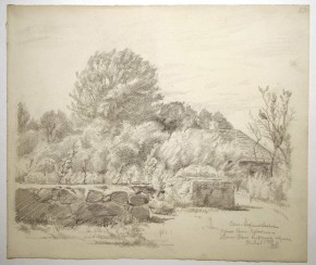 Село Михайловское. Руины дома Пушкина и дома няни со стороны спуска