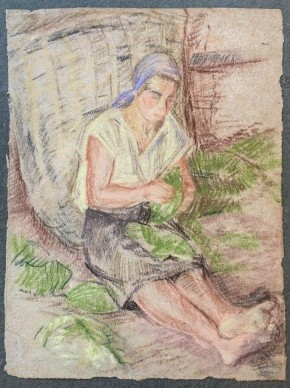 Сидящая у корзины низовщица табака