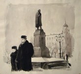 Гуров с дочерью идут по Москве. Иллюстрация к рассказу А. П. Чехова «Дама с собачкой»