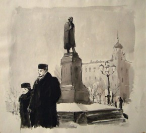 Гуров с дочерью идут по Москве. Иллюстрация к рассказу А. П. Чехова «Дама с собачкой»