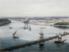 Панорама города Санкт-Петербурга. Вид с Петропавловской крепости на часть Летнего сада, Французскую набережную и Смольный