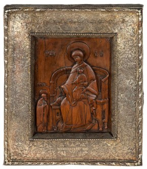 Резная икона «Богоматерь на троне и Кирилл Белозерский»