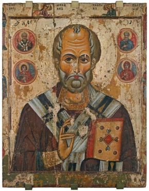 Святой Николай Чудотворец, с избранными святыми на фоне и полях