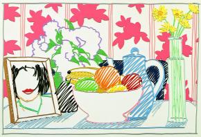 Рисунок из стали с фруктами, цветами и Моникой