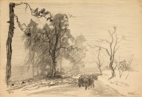 Пейзаж с колонной солдат на дороге