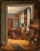 Комната художника; в ней сидящий на стуле человек ласкает собаку