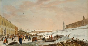 Ледяные горы в Москве на Неглинке во время Масленой недели