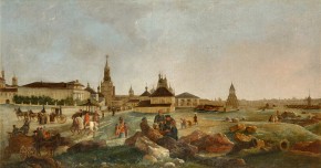 Вид от Ивановской площади в Кремле на Архиерейский дом, Спасскую башню и церковь Николая Гостунского (Вид Спасских ворот от колокольни Ивана Великого в Москве)