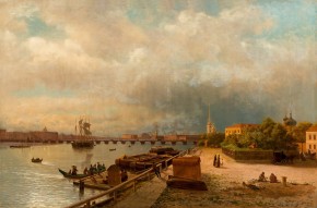 Вид на Неву и Петровскую набережную с домиком Петра I