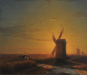 Ветряные мельницы в украинской степи при закате