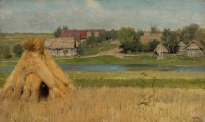 Снопы и деревня за рекой