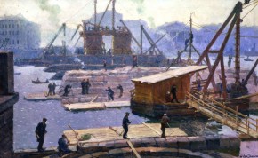 Подготовка новых быков для моста лейтенанта Шмидта в Ленинграде